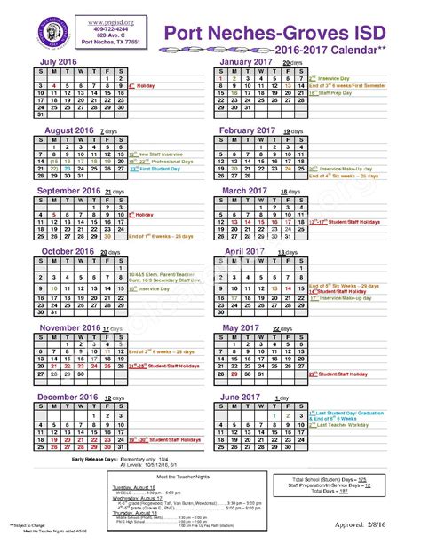 2016 - 2017 District Calendar | Port Neches-Groves Independent School ...
