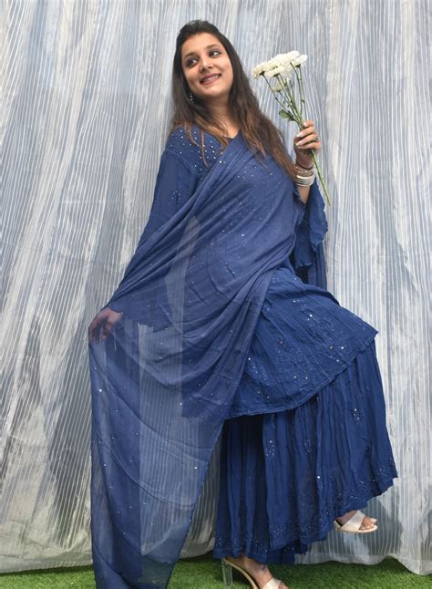 Inara Royal Blue - Nargis Viscose Short Anarkali Chikankari Gharara Se ...