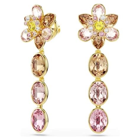 Idyllia drop earrings, Mixed cuts, Flower, Multicolored, Gold-tone plated
