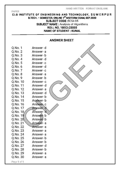 Analysis of Algorithms - CLGIETC L G I E T HAND WRITTEN FORMAT ON BLANK ...