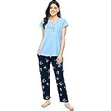 Buy ZEYO Women's Cotton Star Printed Navy Blue Night Suit Set of Top ...