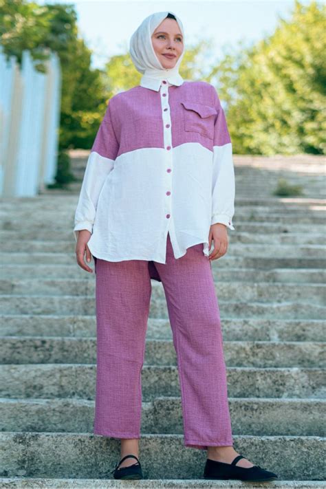 Rose Dried Two-Tone Linen Two-Piece Modest Set | Mec Fashion