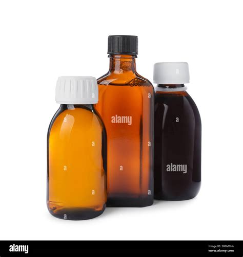 Bottles of syrups on white background. Cough and cold medicine Stock ...
