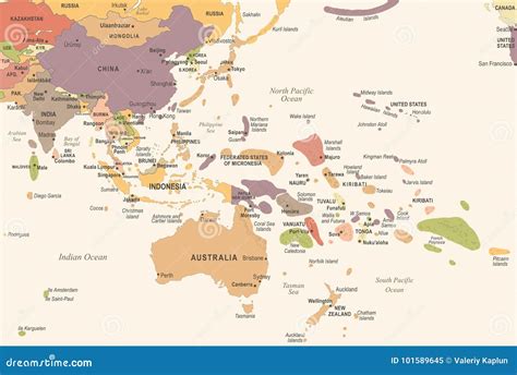 East Asia and Oceania Map - Vintage Vector Illustration Stock Illustration - Illustration of ...
