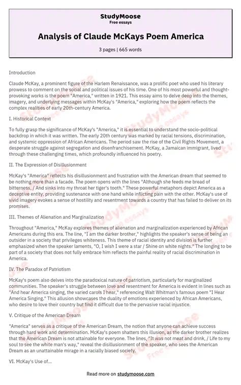 Analysis of Claude McKays Poem America Free Essay Example
