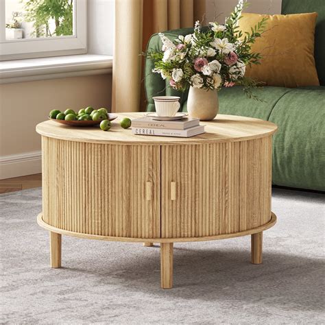 Modern Round Storage Coffee Table, Natural Fluted Table with 360 ...