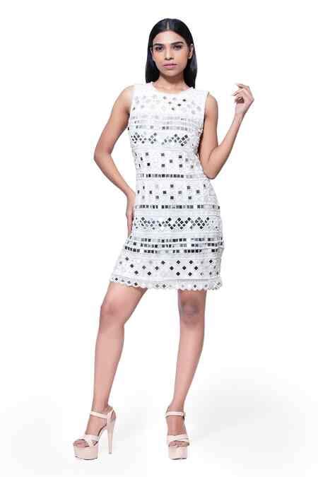 Buy White 100% Nylon Mesh Embellished Mirror Work Round Neck Dress For ...