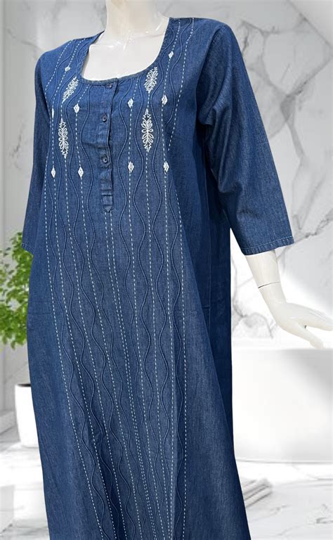 Navy Blue Floral Denim Long Sleeve Nighty. Denim Cotton | Laces and Fr ...