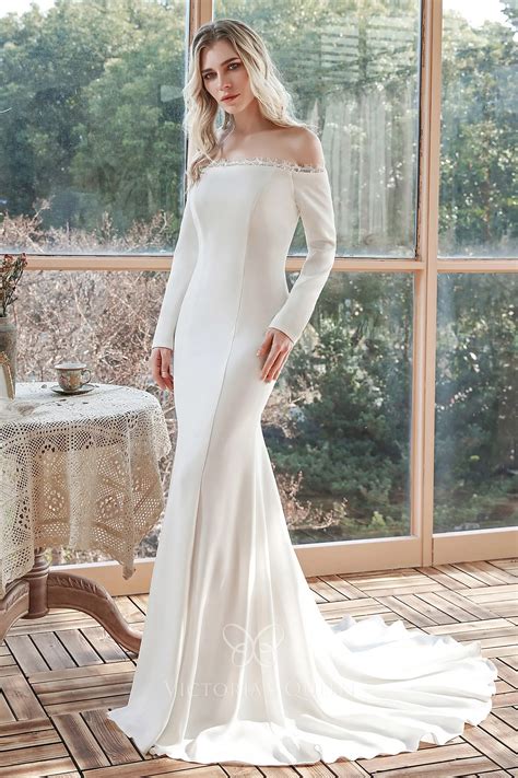 Minimalist Off-Shoulder Long Sleeve Mermaid Wedding Dress - VQ - wedding dress with shoulder sleeves