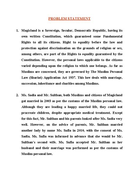 Moot Problem 2019 - Summary of Muslim Personal Law & Polygamy Issues ...