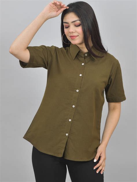 Women Solid Mehendi Green Half Sleeve Spread Collar Cotton Shirt – QuaClo