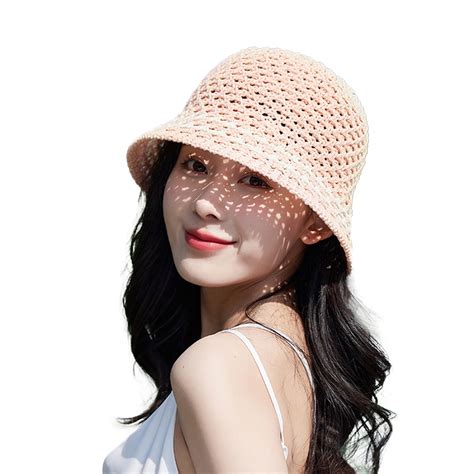 opvise Women Beach Hat Knitted Hollow Out Patchwork Stripes Crochet ...