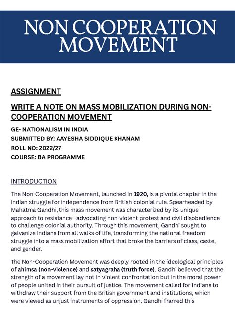 Ge assignment - non cooperation movement - ASSIGNMENT WRITE A NOTE ON ...