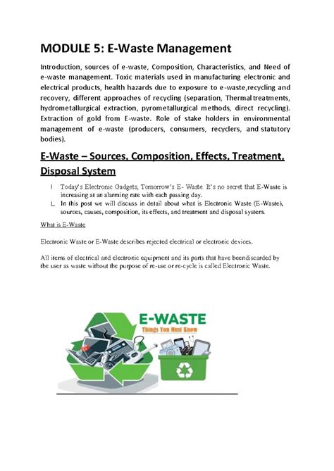 Module 5 E -waste management notes - MODULE 5: E-Waste Management ...
