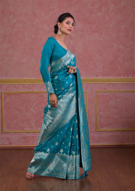 Buy Turquoise Blue Swarovski Brocade Saree - Koskii