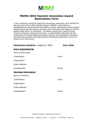 MGMA 2016 Harwick Innovation Award Nomination Doc Template | pdfFiller