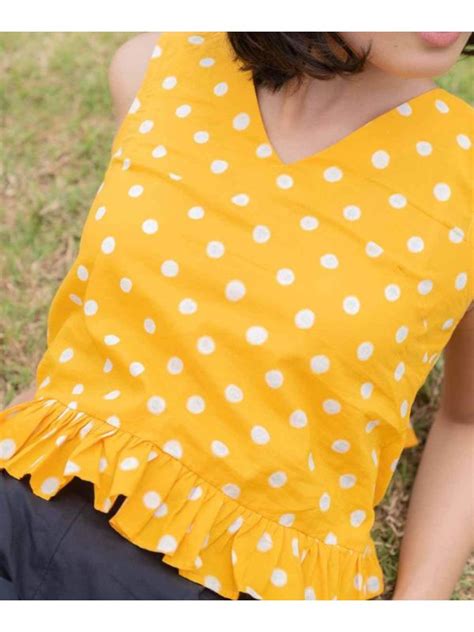 Yellow polka dot top | Buy yellow polka dot blouse online | Kalpané