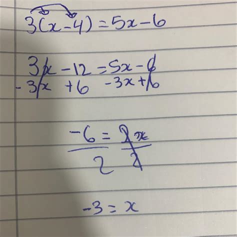 What is the solution to the equation below? 3(x - 4) = 5x - 6 Responses ...