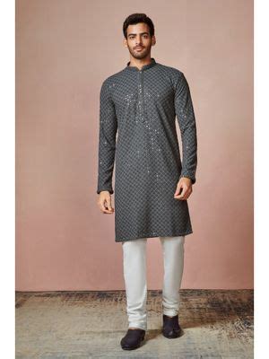 Buy Manyavar Grey Blended Viscose Mandarin Collar Kurta Churidar (Set ...