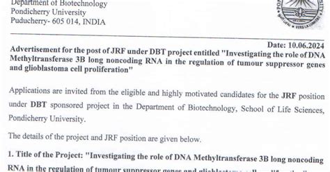 Pondicherry University RNA Biology JRF Vacancy