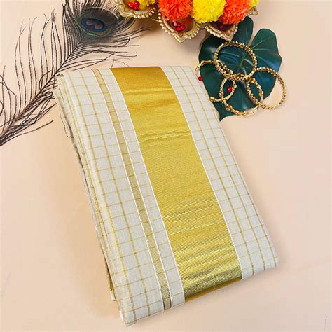 Ready to wear Golden Checked Tissue Kasavu Saree with Broad Border SU ...