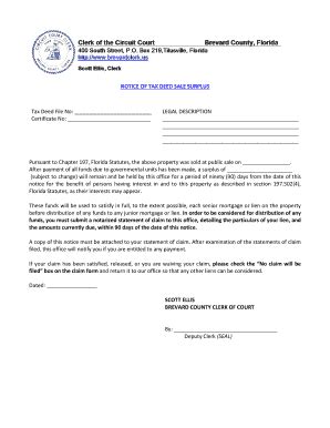Fillable Online NOTICE OF TAX DEED SALE SURPLUS - brevardclerkus Fax ...