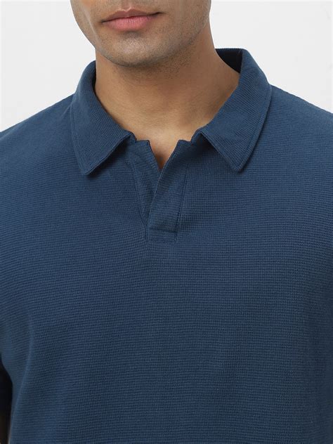 Men's Deep Navy Textured Regular Fit Half Sleeve Cotton Polo T-Shirt ...
