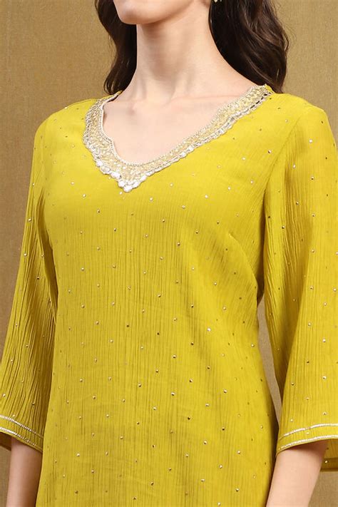 Mustard Yellow Viscose Blend Straight Festive Kurta at Biba India