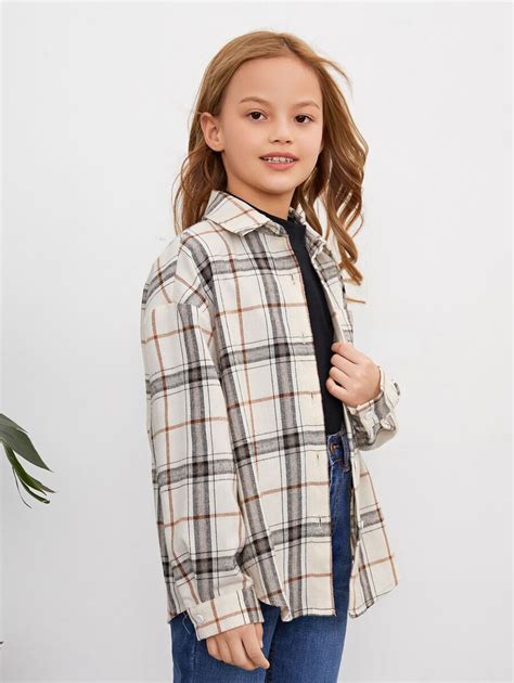 SHEIN Blusa con botones y estampado a cuadros para niña preadolescente ...