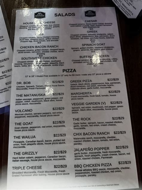 Menu at Matanuska Brewing Eagle River pizzeria, Anchorage