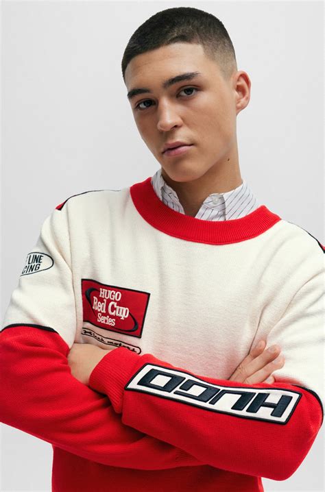 HUGO - Colour-blocked sweater with racing-inspired badges - Red