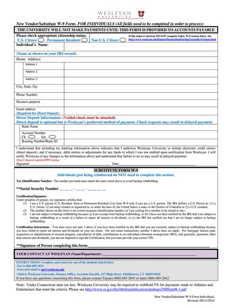 Wesleyan University New VendorSubstitute W-9 Form - Fill Online ...