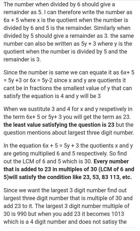*Which is the largest 3 digit number which when divided by 5 and 7 ...