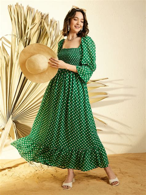 StyleStone Women's Smocked Green Polka Maxi Dress – Stylestone