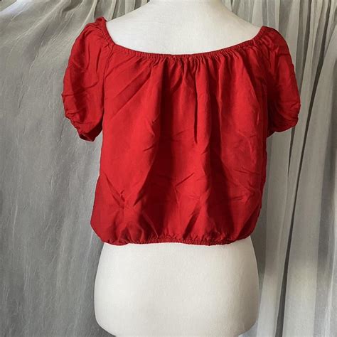 Red blouse with bow detailing, with buttons size medium - Depop
