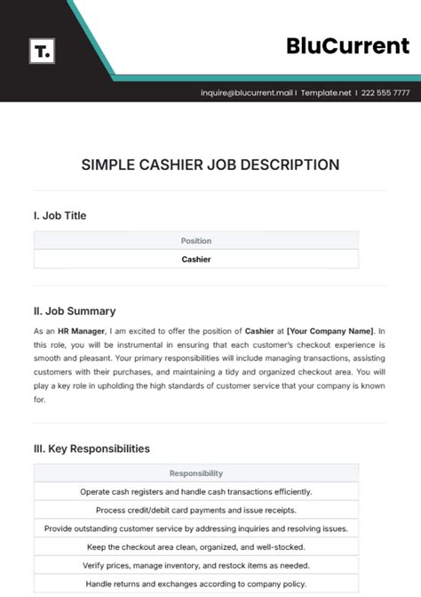 Free Simple Cashier Job Description Template to Edit Online