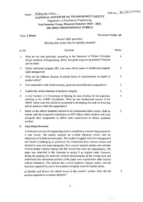 ME 2001E End Sem QP | Professional Ethics Exam Paper 2024-25 - Studocu