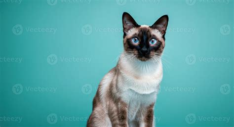 Siamese cat with striking blue eyes in front of teal background for pet ...