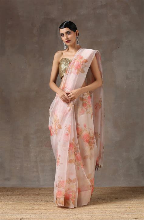 🌸 Blush Bloom Organza Saree – Romantic Florals in Motion – House Of Vidhi