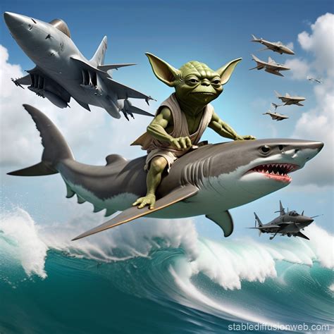 Jamaican Yoda on a Shark Surfboard | Stable Diffusion Online
