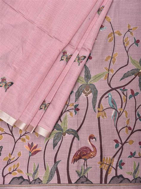 Light Pink Dhakai Jamdani Cotton Viscose Saree with Floral and Birds ...