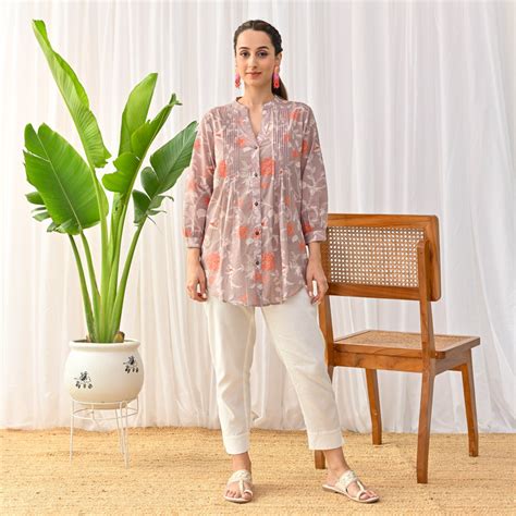 Buy Mauve Sanganeri Printed Shirt Tunic with Pintuck Details | Rustorange