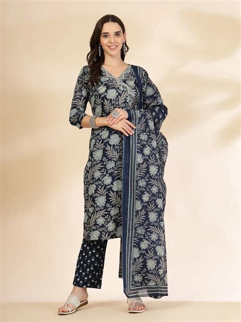 Blue Floral Print Straight Kurta Trouser Dupatta Set – Yufta Store