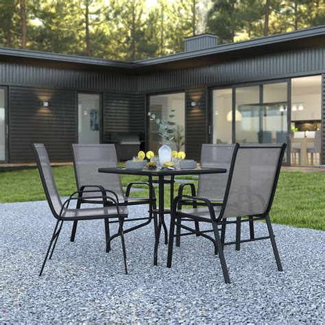 Lark Manor Elgin 5 Piece Patio Dining Set - Glass Table, 4 Flex Stack ...
