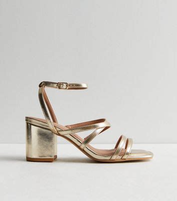 Extra Wide Fit Gold Multi Strap Block Heel Sandals | New Look
