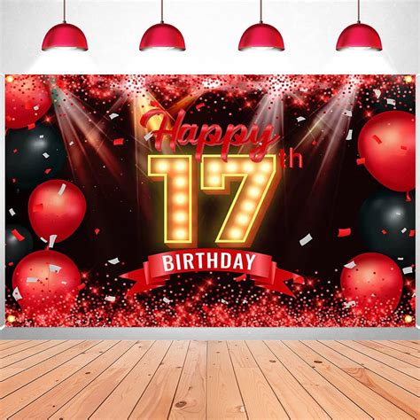 Amazon.com: Black and Red Happy 17th Birthday Banner Backdrop 17th ...
