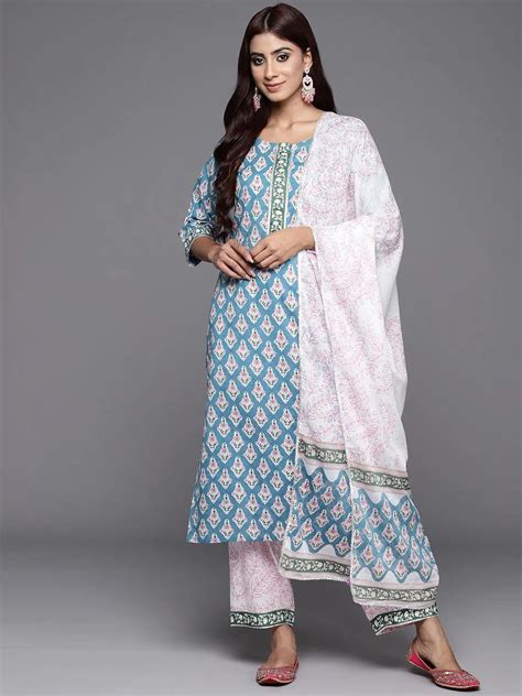 Buy Blue Printed Cotton Straight Kurta With Trousers & Dupatta Online ...