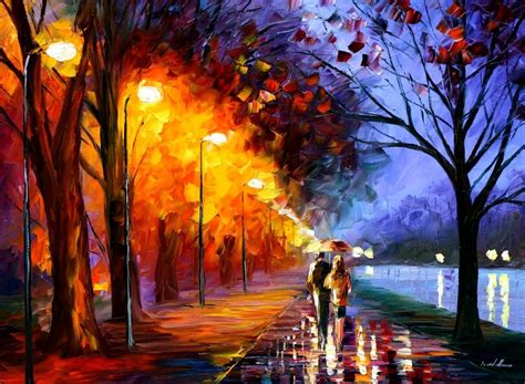 artwork, park, reflection, bench, couple, rain, trees, night, painting, lights, Leonid Afremov ...