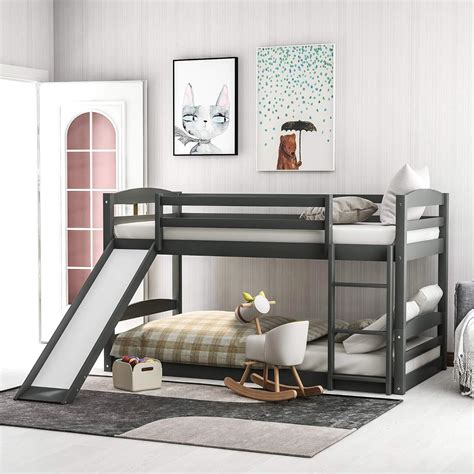 Buy NORAN Twin Over Twin Floor Bunk Bed with Slide, Wood Twin Low Bunk ...