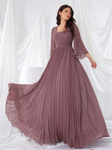 Square Neckline Long Sleeve A-Line Chiffon Formal Dress With Waist Pleating, Bowknot Design An ...